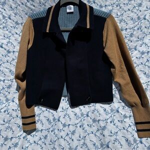 Colorblock Varsity style Cardigan- Navy, light blue, and tan